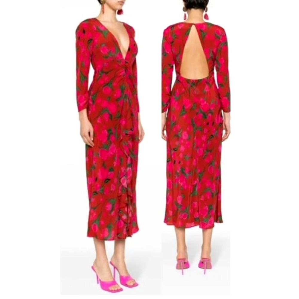 RIXO Red Floral Long Sleeve Maxi Dress